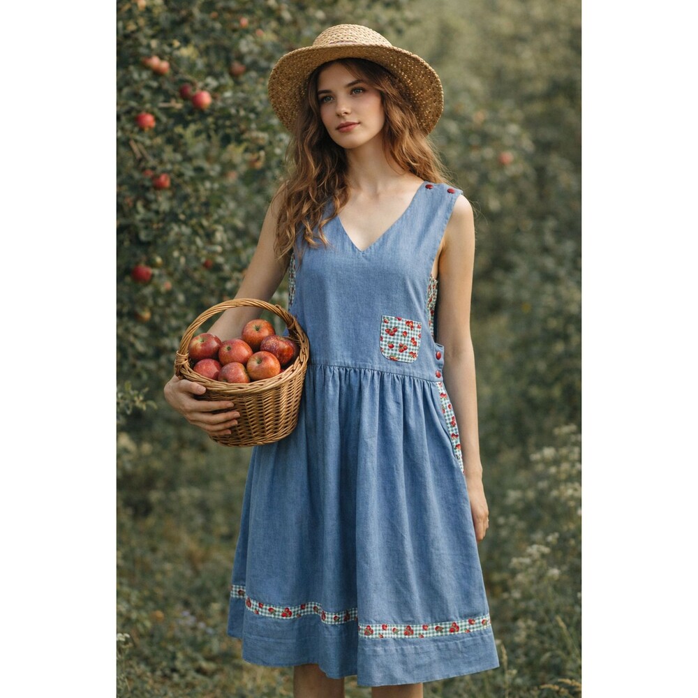 Vintage Chambray Apple Print Jumper Pinafore Dress Cottagecore Red Buttons M